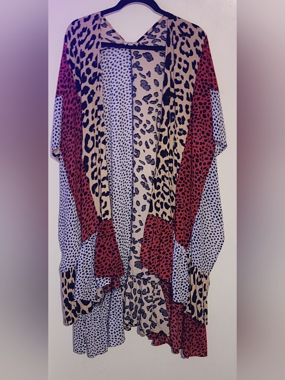Umgee Leopard Patchwork Open Front Boho Kimono - Red, Beige, Black